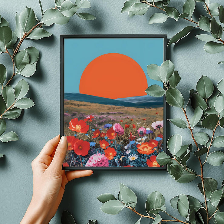 Vibrant Sunset Wildflower Meadow Art Print - Bold Minimalist Landscape Poster - Boho Wall Decor- nature poster