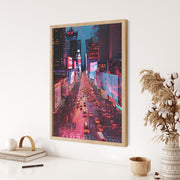 Times Square Neon Cityscape Poster - Urban Night Wall Art Print, New York City Street View, Modern Digital Art for Home Decor