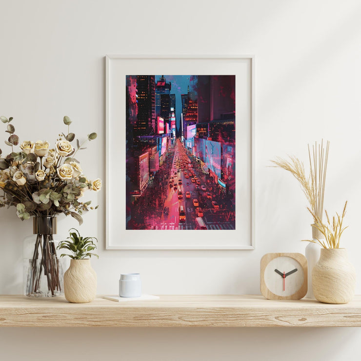 Times Square Neon Cityscape Poster - Urban Night Wall Art Print, New York City Street View, Modern Digital Art for Home Decor