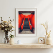 Urban Red Subway Escalator Art Print, Minimalist Wall Decor, Modern Industrial Poster, Red Tiled Underground Art, Contemporary Home Decor