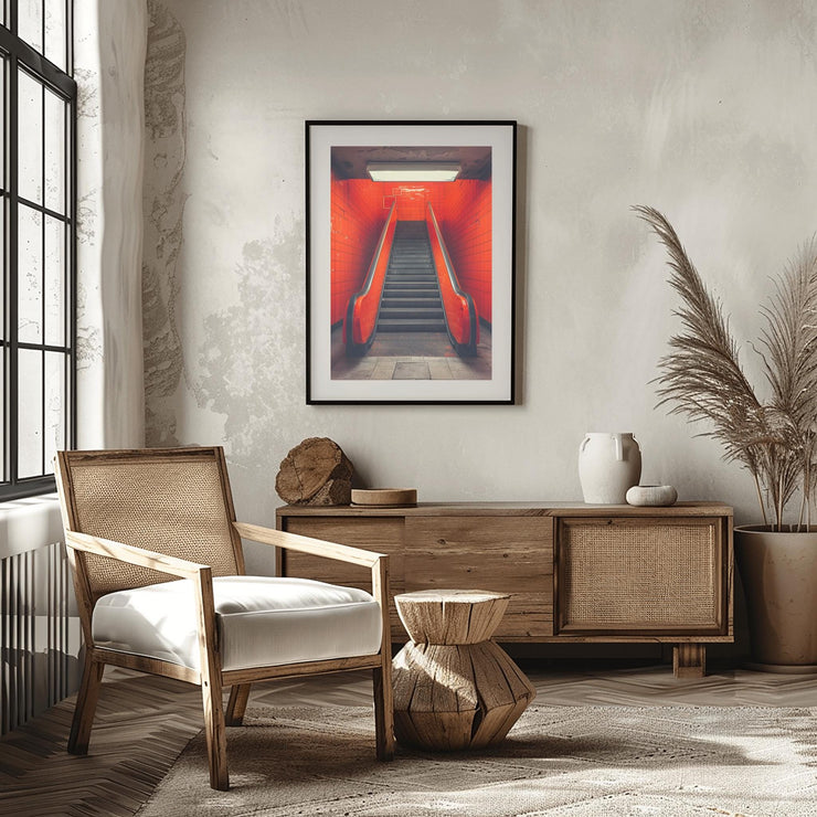 Urban Red Subway Escalator Art Print, Minimalist Wall Decor, Modern Industrial Poster, Red Tiled Underground Art, Contemporary Home Decor