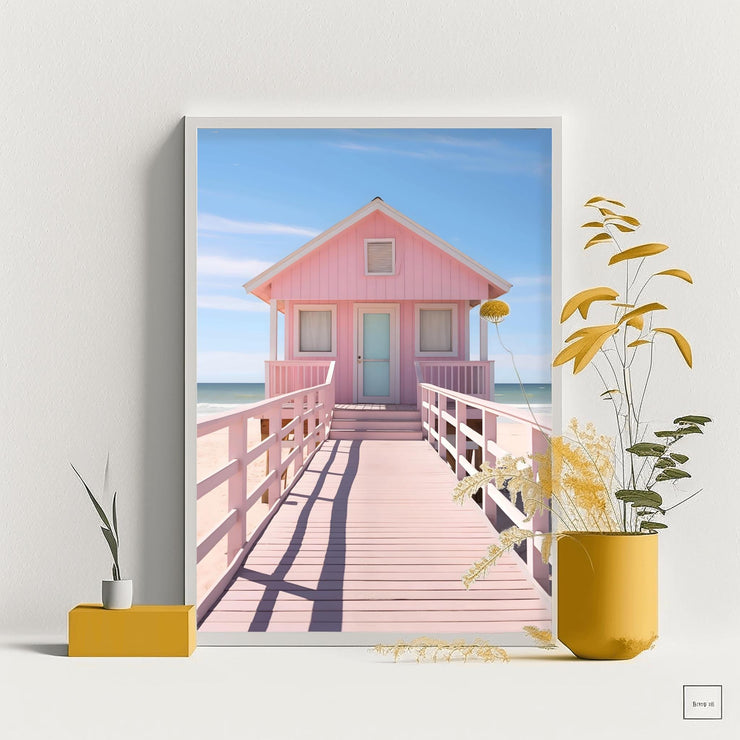 Pink Beach House Wall Art Poster- Coastal Minimalist Decor, Pastel Seaside Print, Tropical Beach House Art for Modern Home. Pink beach house