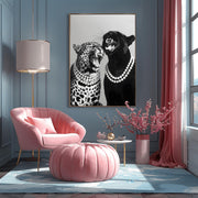 Elegant Black Panther & Leopard Pearl Necklace Wall Art - Luxury Animal Print, Modern Matte Poster, Home Decor for Living Room