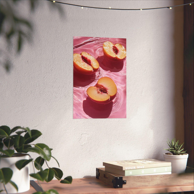 Half Peaches in water Wall Art, Matte Poster Print, Pink Background, Kitchen Decor, Fruit Art Print