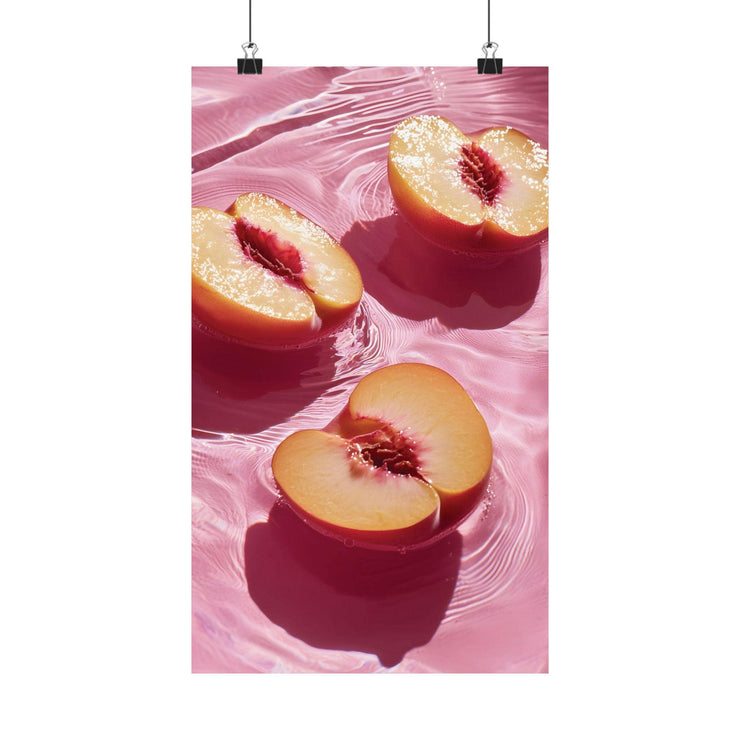 Half Peaches in water Wall Art, Matte Poster Print, Pink Background, Kitchen Decor, Fruit Art Print