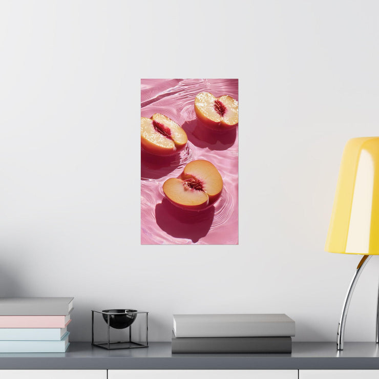 Half Peaches in water Wall Art, Matte Poster Print, Pink Background, Kitchen Decor, Fruit Art Print