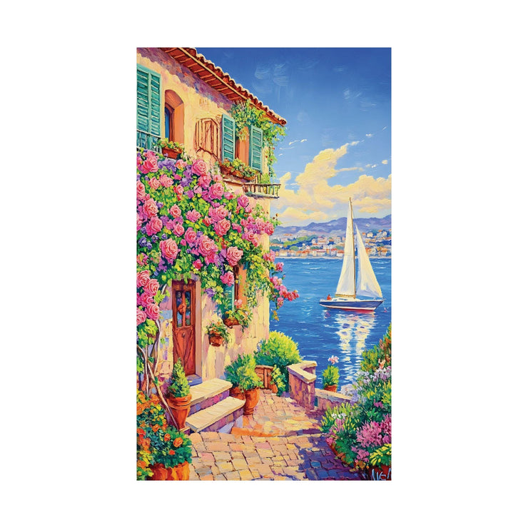 Oil Impressionist Matte Vertical Posters, Italian Sunrise Street with Pink Roses Painting, Sailboat Watercolor Art Print, Home Decor Wall