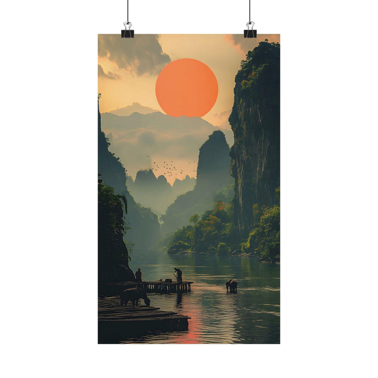 Mountain Sunset Vertical Poster, Cinematic Landscape Art, Farmers Working, Buffaloes Drinking, Film-Like Scene, Matte Wall Decor, Home