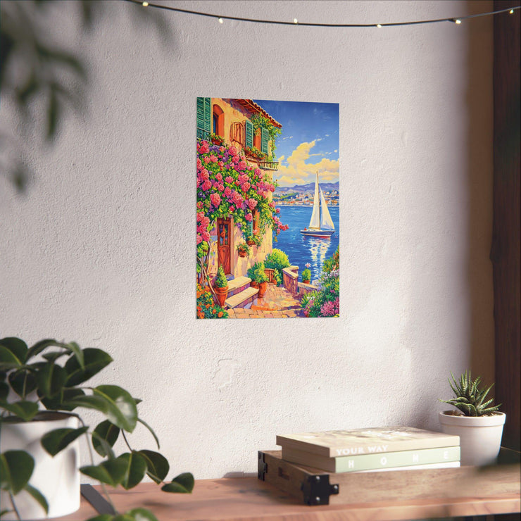 Oil Impressionist Matte Vertical Posters, Italian Sunrise Street with Pink Roses Painting, Sailboat Watercolor Art Print, Home Decor Wall