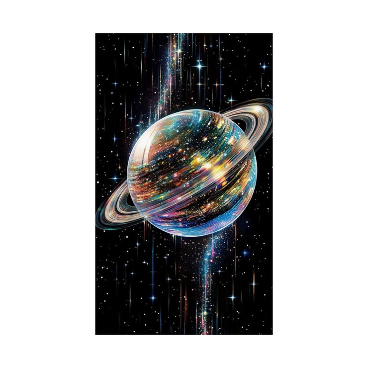 Disco Ball Planet Matte Vertical Poster, Surreal Space Wall Art Print, Vibrant Celestial Home Decor, Galaxy Stars Artwork, Saturn Ring