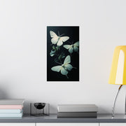 Vertical Posters, Green Glowing Moths, Gothic Aesthetic, Dark Background, Realistic Photography, Tree Branch, Matte Prints, Wall Art Decor,