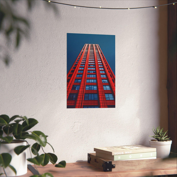 Tower Building Red Matte Poster, Surreal Luxury Modern Art Print for Home Decor, Wall Art, Graphic Design Studio, Bedroom Decor,