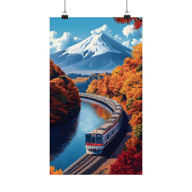 Anime Train Wall Art Poster, Style Japanese Painting Print, Mount Fuji Autumn Landscape, Retro Anime Decor, Matte Vertical