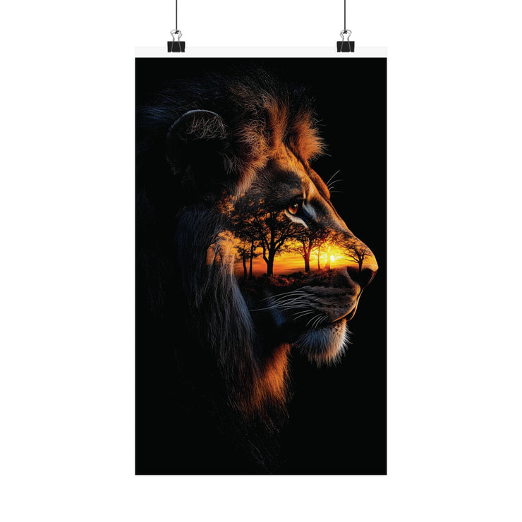 Vertical Lion Posters, Majestic Wildlife Art Print, Double Exposure Wall Decor, Jungle Sunset Nature Poster, Large Lion Portrait Photo, Wild