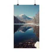 Snowy Winter Landscape Matte Vertical Poster, Vintage Feel Wall Art Print, Mountain Lake Forest Snow Scene, Blue Sky Reflection, Serene