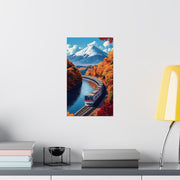 Anime Train Wall Art Poster, Style Japanese Painting Print, Mount Fuji Autumn Landscape, Retro Anime Decor, Matte Vertical