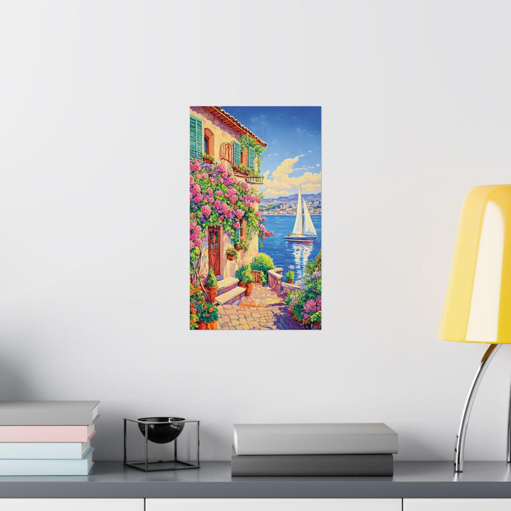 Oil Impressionist Matte Vertical Posters, Italian Sunrise Street with Pink Roses Painting, Sailboat Watercolor Art Print, Home Decor Wall