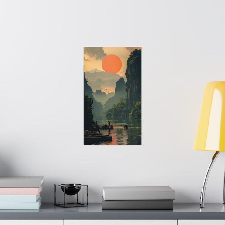 Mountain Sunset Vertical Poster, Cinematic Landscape Art, Farmers Working, Buffaloes Drinking, Film-Like Scene, Matte Wall Decor, Home