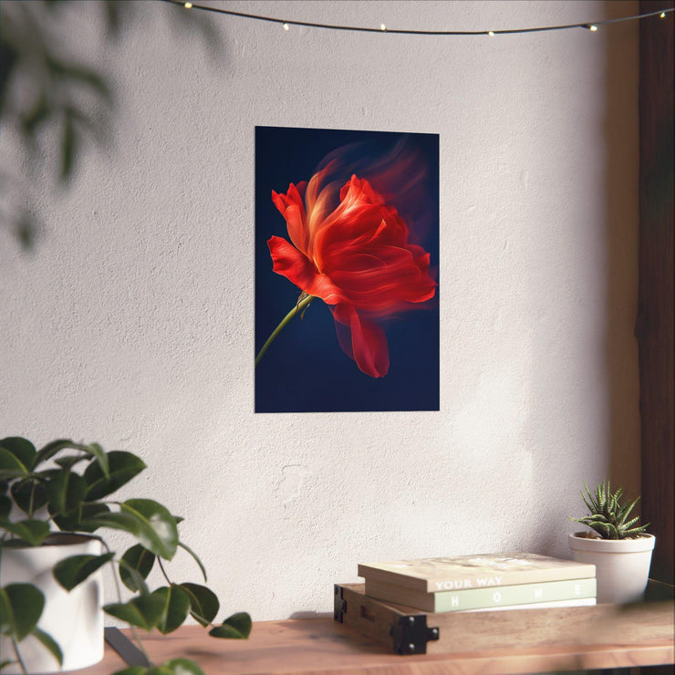 Red Rose in motion poster, Long Exposure Photography, Matte Finish Print for Home Decor, Wall Art, Gift Idea, Floral Artwork, Dark Blue