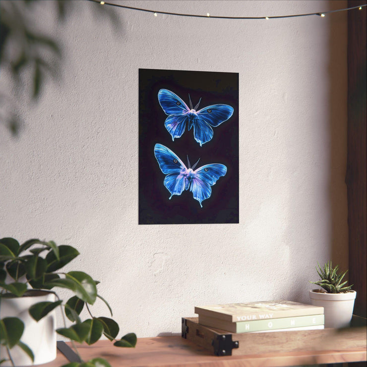 Luminous Blue Butterfly wall Art Print showcasing vibrant butterflies against a dark background