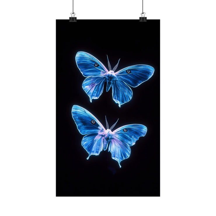 Luminous Blue Butterfly wall Art Print featuring two glowing butterflies on a black background