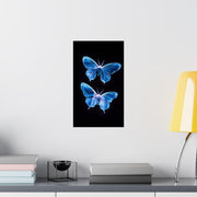 Luminous Blue Butterfly wall Art Print featuring two butterflies on a dark background for modern decor