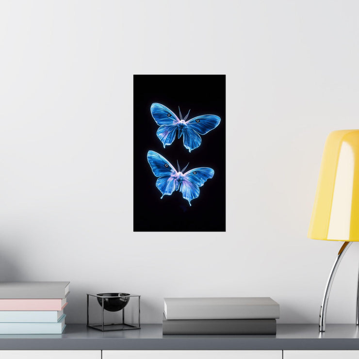 Luminous Blue Butterfly wall Art Print featuring two butterflies on a dark background for modern decor
