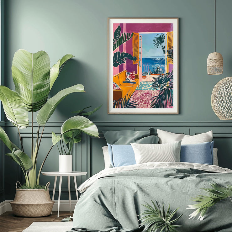 Mediterranean Window View Wall Art framed in a coastal-themed bedroom with green decor