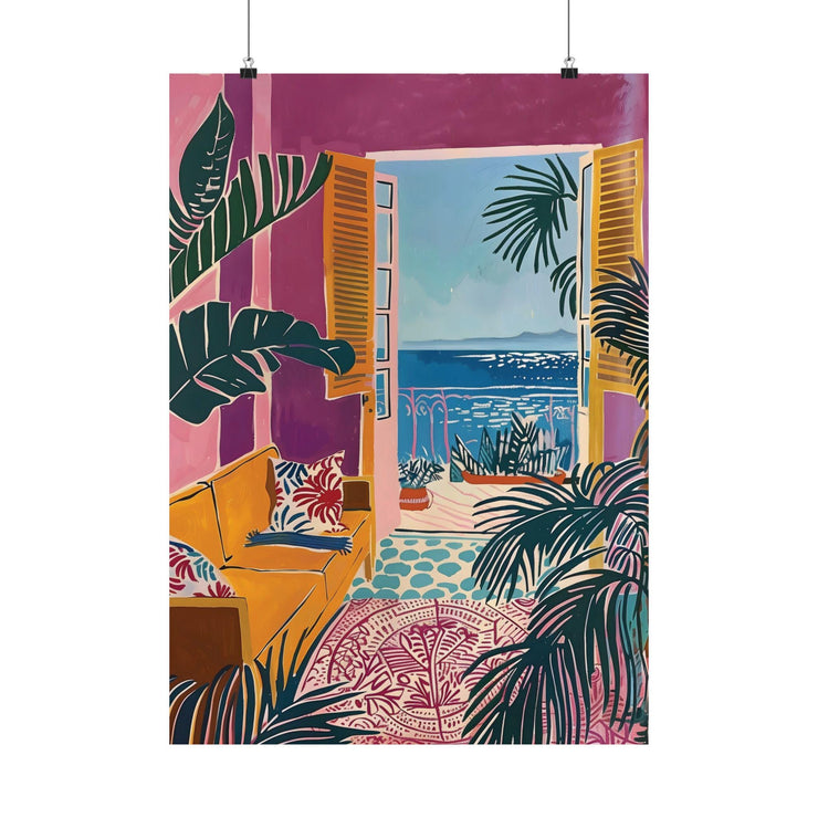 Mediterranean Window View Wall Art featuring a vibrant coastal scene with tropical plants and colorful decor