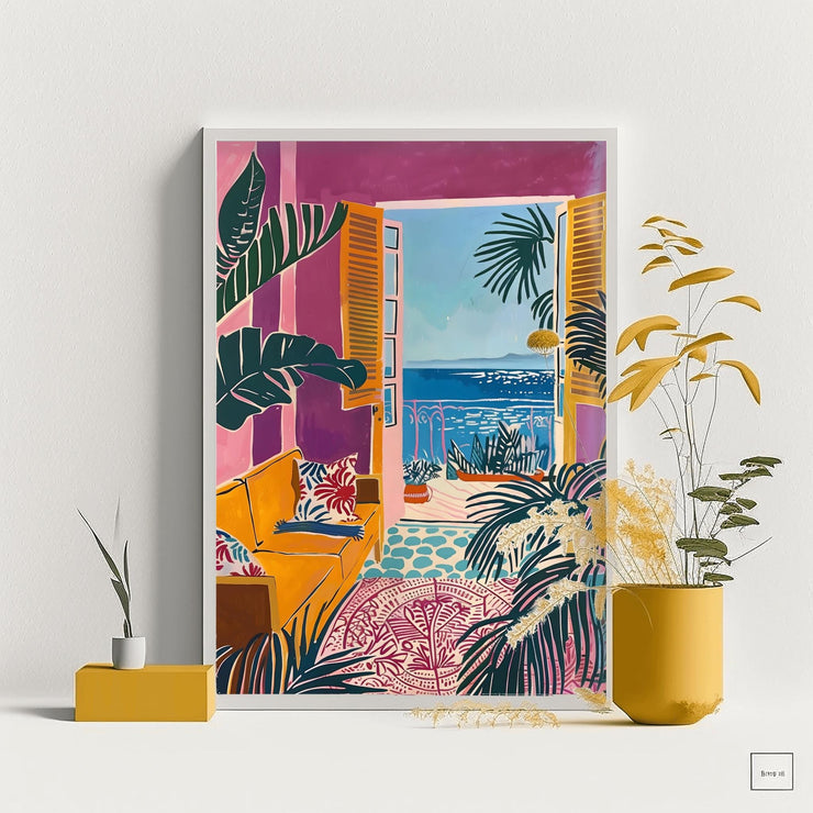Mediterranean Window View Wall Art featuring vibrant colors and tropical plants in a seaside setting
