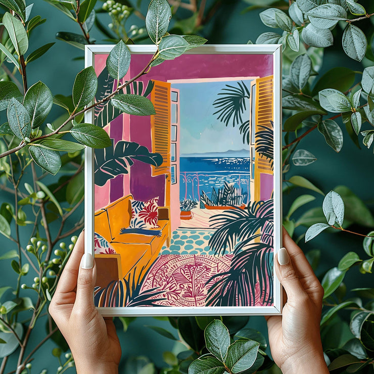 Mediterranean Window View Wall Art featuring a vibrant sea view with plants and cozy decor