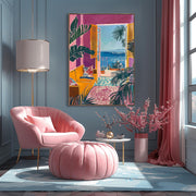 Mediterranean Window View Wall Art in a Modern Living Room with Pink Accent Furniture