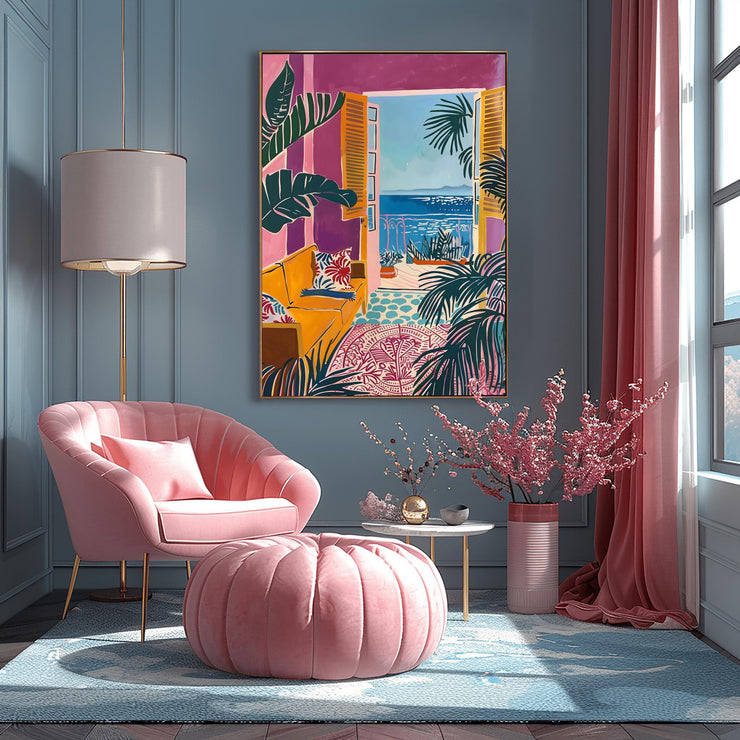 Mediterranean Window View Wall Art in a Modern Living Room with Pink Accent Furniture