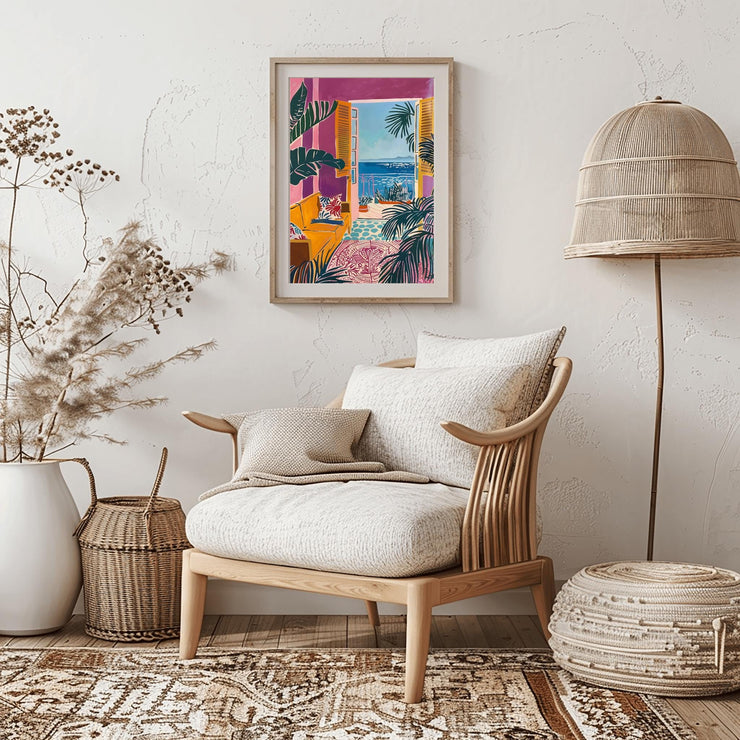 Mediterranean Window View Wall Art displayed in a stylish living room with modern decor
