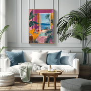Mediterranean Window View Wall Art featuring vibrant colors and tropical plants in a modern living room
