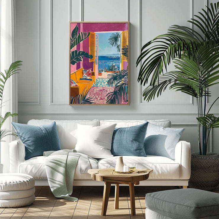Mediterranean Window View Wall Art featuring vibrant colors and tropical plants in a modern living room