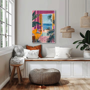 Vibrant Mediterranean Window View Wall Art with lush greenery and a scenic ocean view