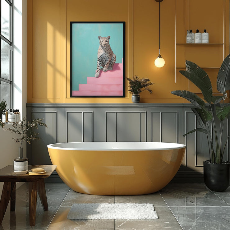Modern Leopard Wall Art  Matte Poster displayed above a stylish bathtub in a contemporary bathroom
