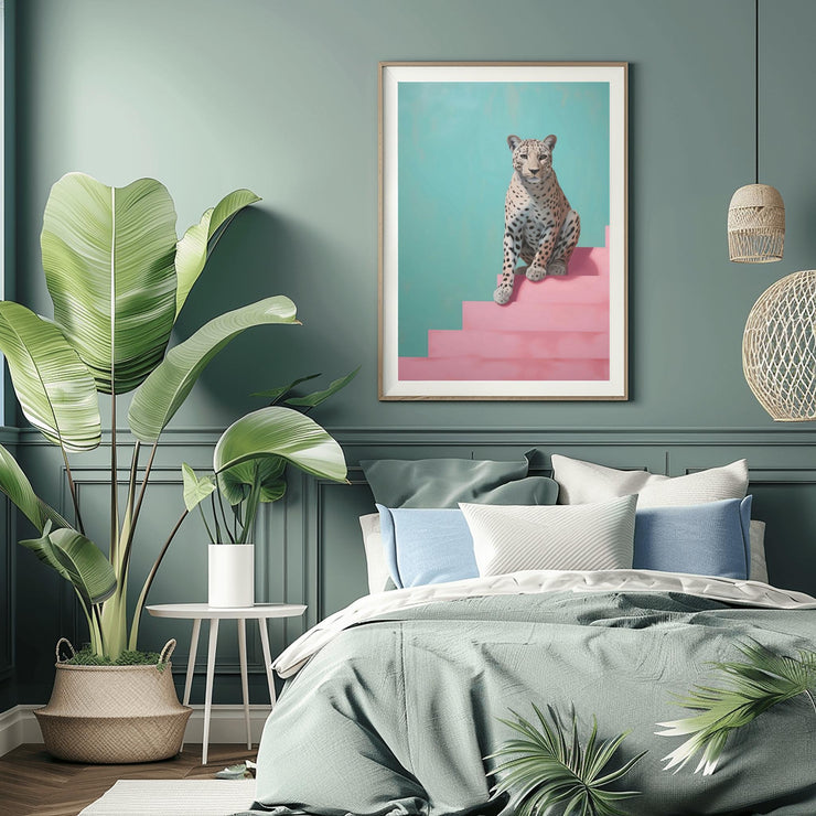 Modern Leopard Wall Art  Matte Poster displayed in a stylish living room with plants and cozy decor