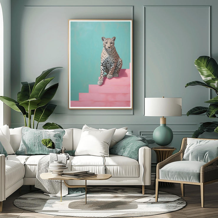 Modern Leopard Wall Art – Matte Poster featuring a leopard on pink stairs in a stylish living room