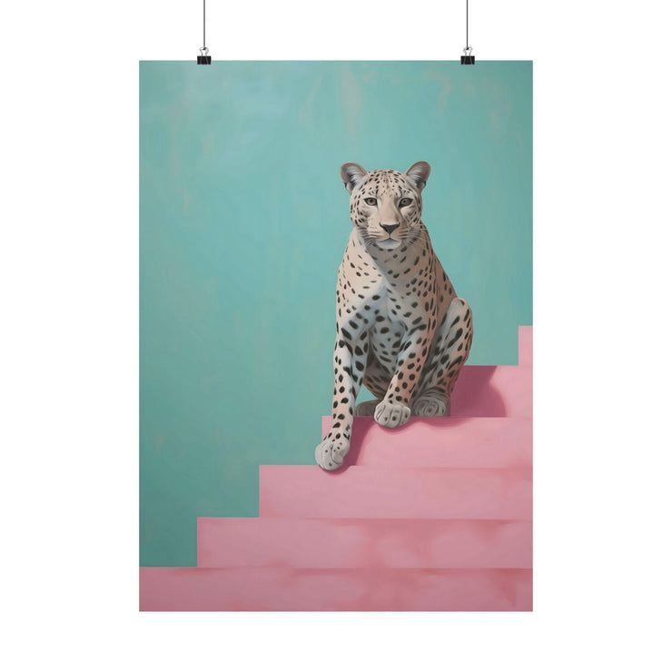 Modern Leopard Wall Art Matte Poster featuring a leopard on stairs with a pastel background