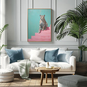 Modern Leopard Wall Art – Matte Poster displayed in a stylish living room with a cozy sofa and decorative plants