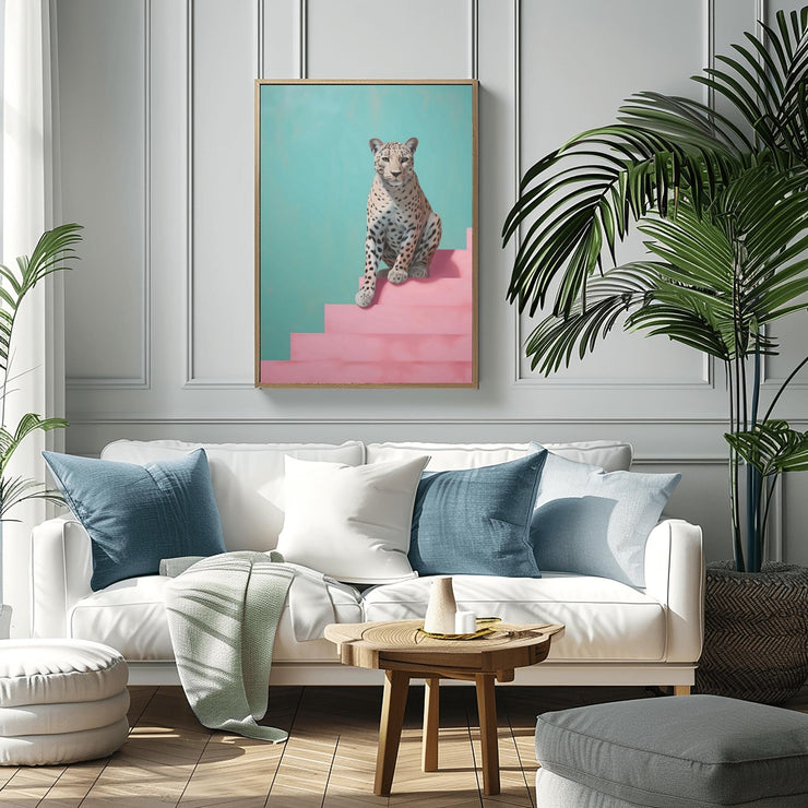 Modern Leopard Wall Art – Matte Poster displayed in a stylish living room with a cozy sofa and decorative plants