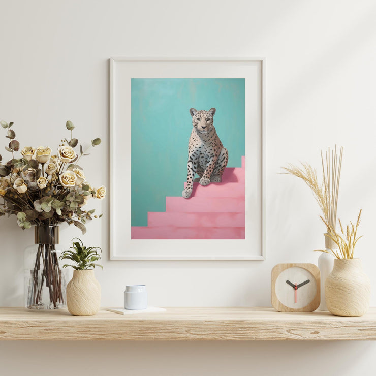 Modern Leopard Wall Art  Matte Poster featuring a leopard on pink steps against a turquoise background