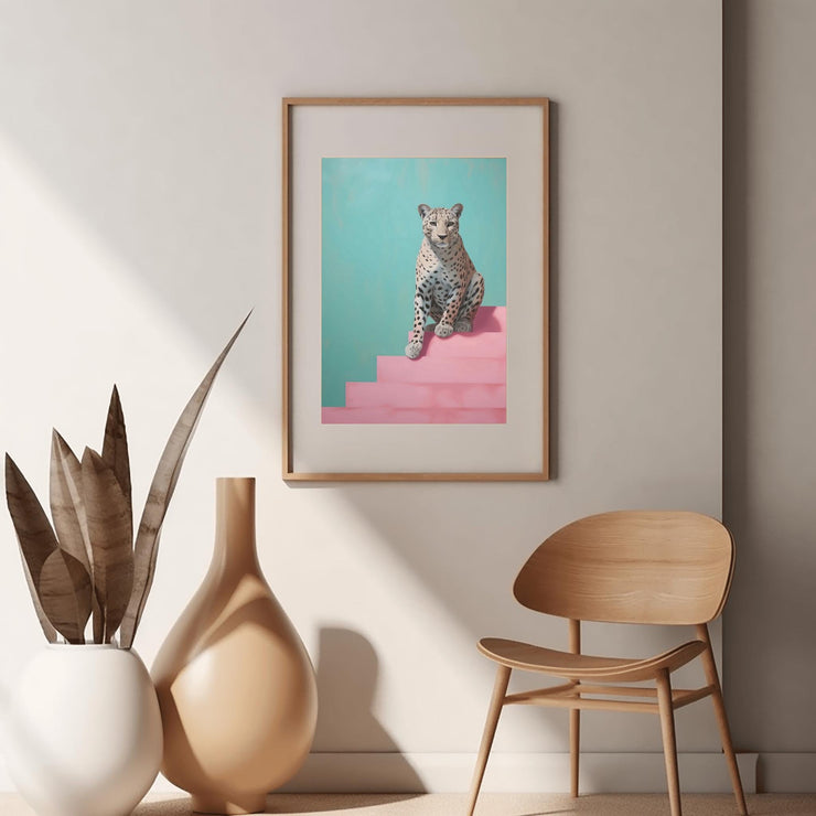 Modern Leopard Wall Art – Matte Poster featuring a leopard on a pink staircase against a teal background