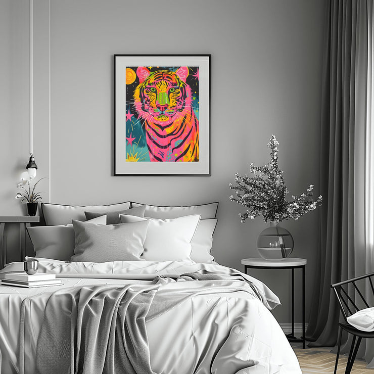Colorful Neon Tiger Wall Art Poster Displayed in a Modern Bedroom Setting