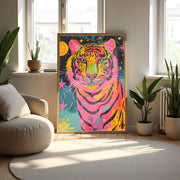 Vibrant Neon Tiger Wall Art Poster featuring a colorful tiger with a starry background