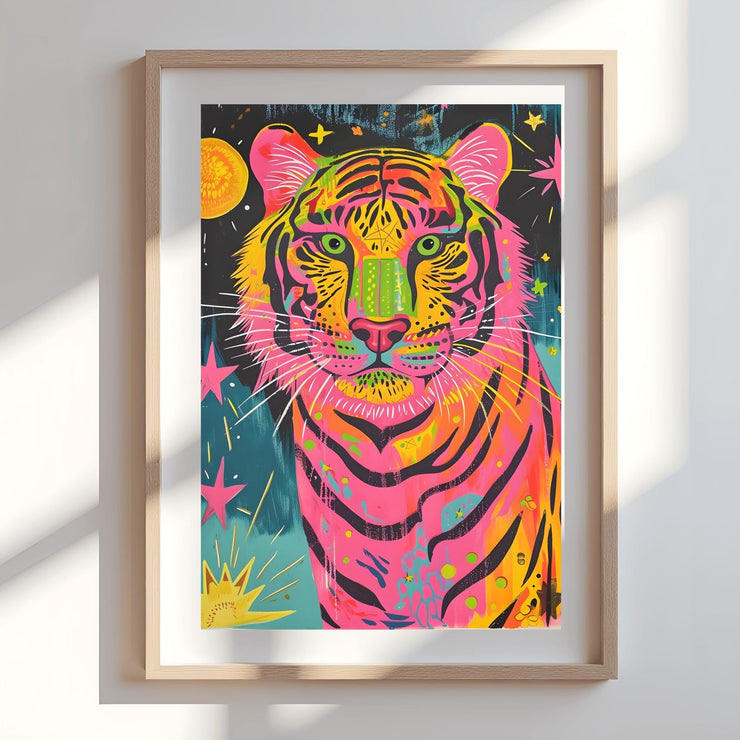 Colorful Neon Tiger Wall Art Poster featuring a vibrant tiger with stars and a sun in the background