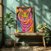 Vibrant Neon Tiger Wall Art Poster displayed in a cozy indoor setting with plants and natural light