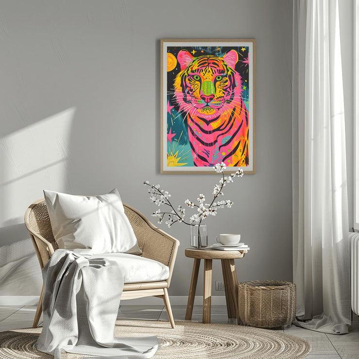 Vibrant Neon Tiger Wall Art Poster displayed in a stylish living room setting